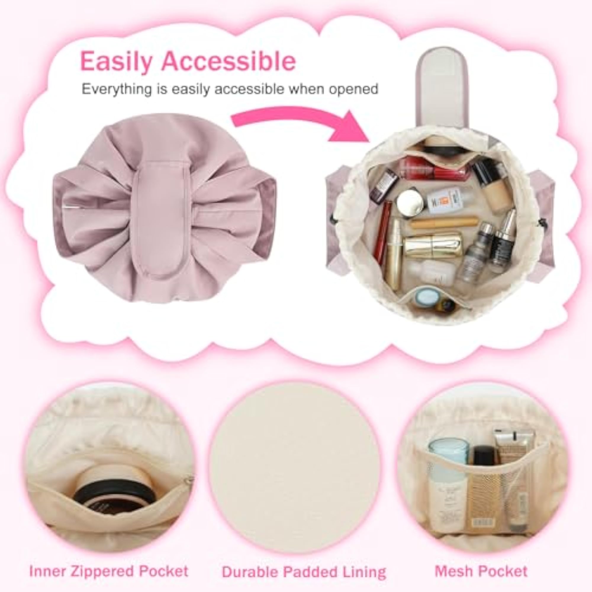 Pink Drawstring Makeup Bag, Travel Toiletry Organizer